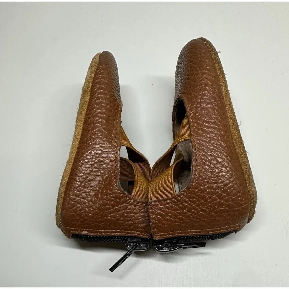 Monkey Feet Zip Up Stretch Strap Ballet‎ Flats Baby Girl Size 3-6m Brown Leather